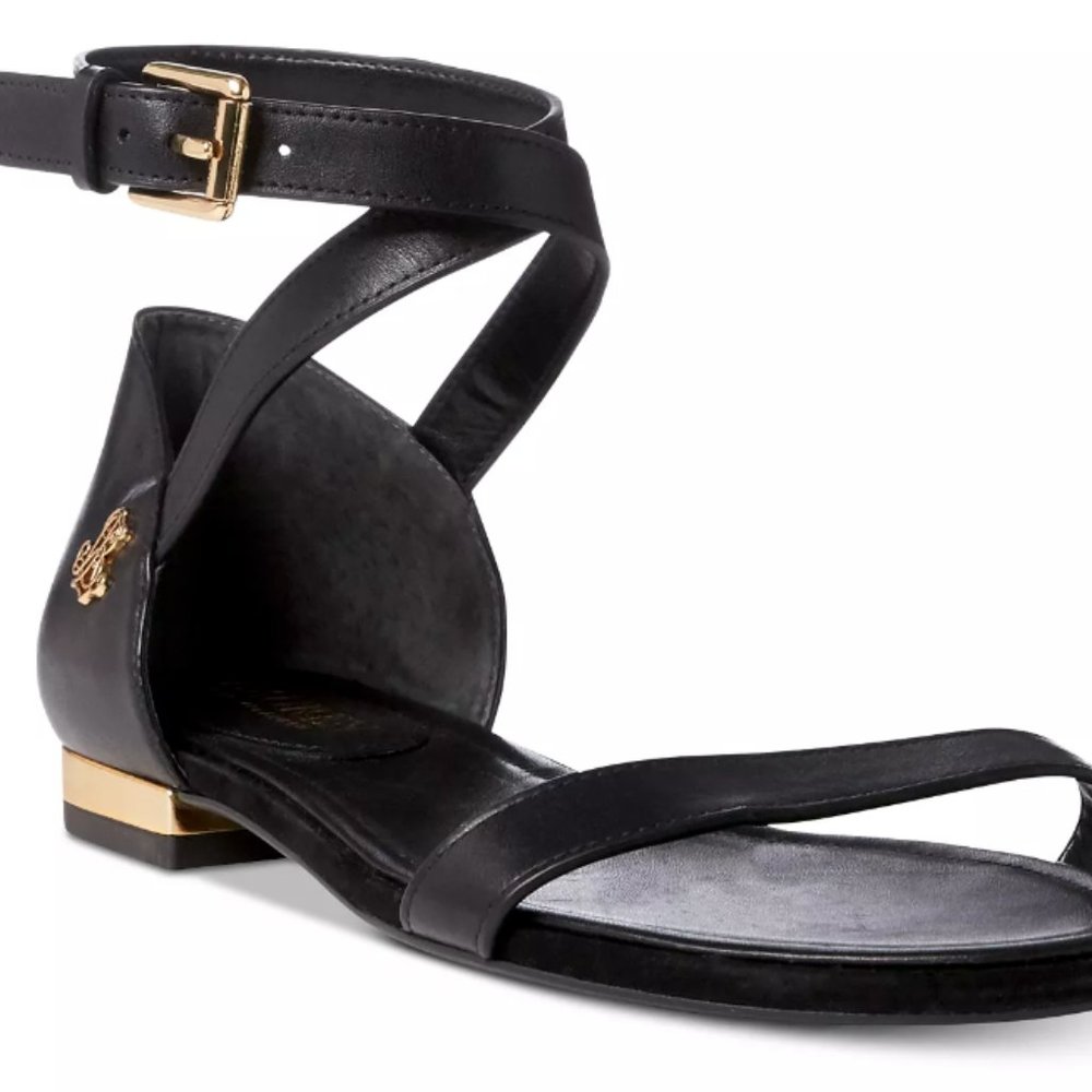 LAUREN RALPH LAUREN Davison Two-Piece Flat Sandals Black Leather Size 7.5B